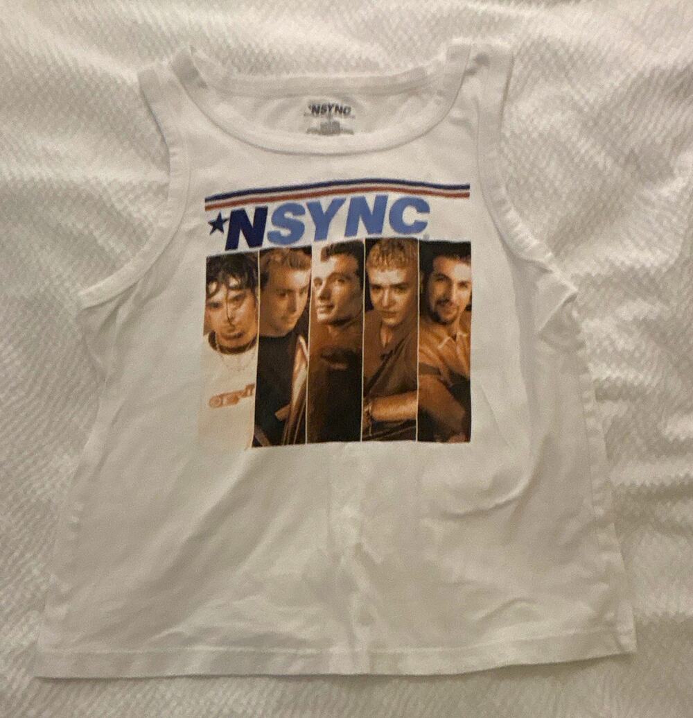 NSYNC kids L White Graphic Print Cropped Tank Top Cotton Scoop Neck